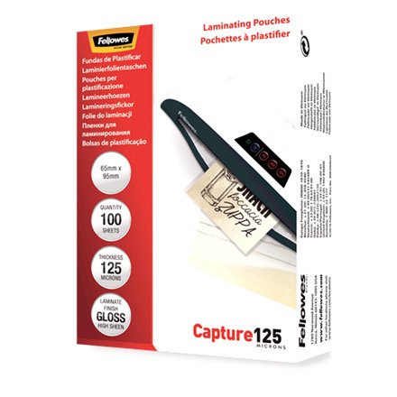 Fellowes , Laminating Pouch - 65x95mm , Glossy , Ideal for identity cards, credit cards, business cards and visitor cards; Capture 125 Micron thickness - providing an advanced level of document protection; Pack size of 100; Compatible with all laminator b