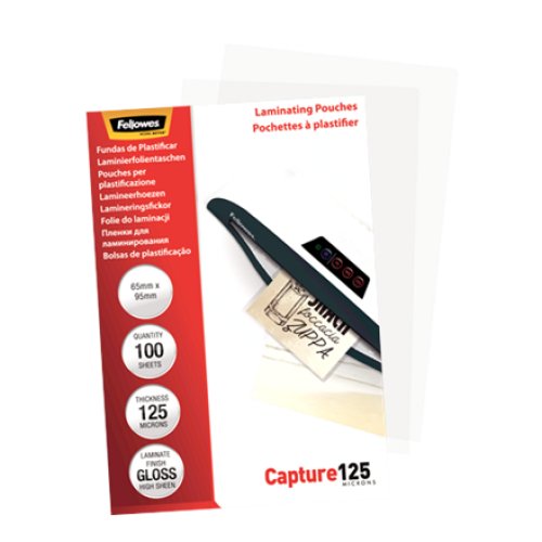 Fellowes , Laminating Pouch - 65x95mm , Glossy , Ideal for identity cards, credit cards, business cards and visitor cards; Capture 125 Micron thickness - providing an advanced level of document protection; Pack size of 100; Compatible with all laminator b