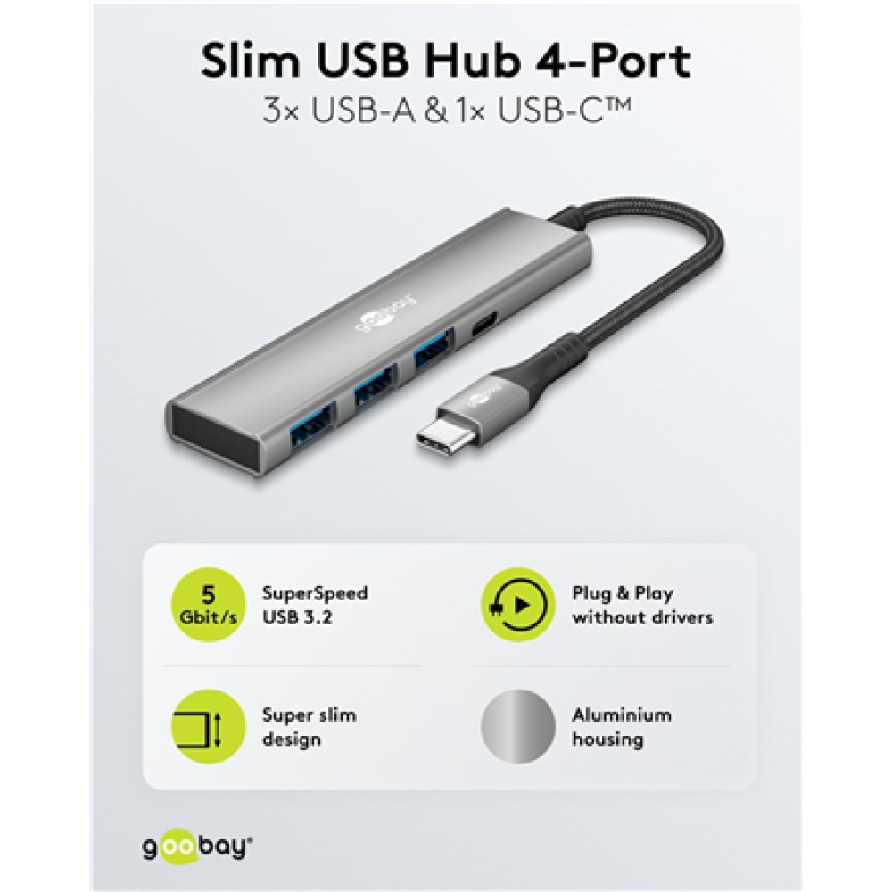 Goobay Slim 4-Port USB Hub, USB-C to USB-C/USB-A, 5 Gbit/s , 76562