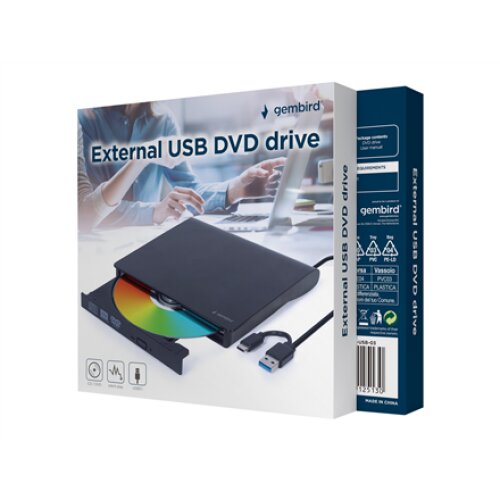 Gembird , External USB DVD Drive , DVD-USB-03 , Interface USB 3.1 Gen 1 , DVD±RW (±R DL) / DVD-RAM , CD read speed 24 x , CD write speed 24 x , Black