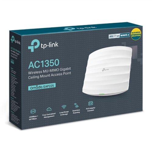 TP-LINK , Access Point , EAP225 , 802.11ac , 2.4GHz/5GHz , 450+867 Mbit/s , 10/100/1000 Mbit/s , Ethernet LAN (RJ-45) ports 1 , MU-MiMO Yes , PoE in , Antenna type 5xInternal