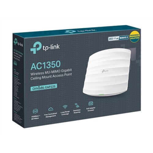 TP-LINK , Access Point , EAP225 , 802.11ac , 2.4GHz/5GHz , 450+867 Mbit/s , 10/100/1000 Mbit/s , Ethernet LAN (RJ-45) ports 1 , MU-MiMO Yes , PoE in , Antenna type 5xInternal