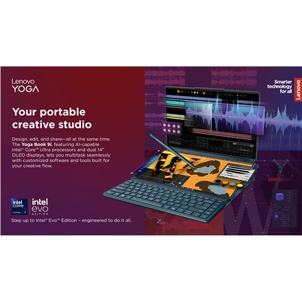 Lenovo Yoga Book 9 14IAH10 , Tidal Teal , 2x14 , OLED , Touchscreen , 2.8K WQXGA+ , 2880 x 1800 pixels , Glossy , Intel Core Ultra 7 , 255H , 32 GB , Soldered LPDDR5x , Solid-state drive capacity 1000 GB , Intel Arc Graphics , Windows 11 Pro , 802.11be , 