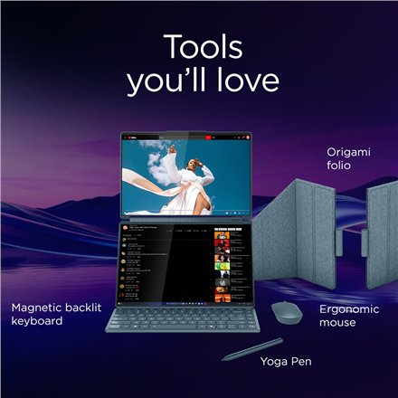 Lenovo Yoga Book 9 14IAH10 , Tidal Teal , 2x14 , OLED , Touchscreen , 2.8K WQXGA+ , 2880 x 1800 pixels , Glossy , Intel Core Ultra 7 , 255H , 32 GB , Soldered LPDDR5x , Solid-state drive capacity 1000 GB , Intel Arc Graphics , Windows 11 Pro , 802.11be , 