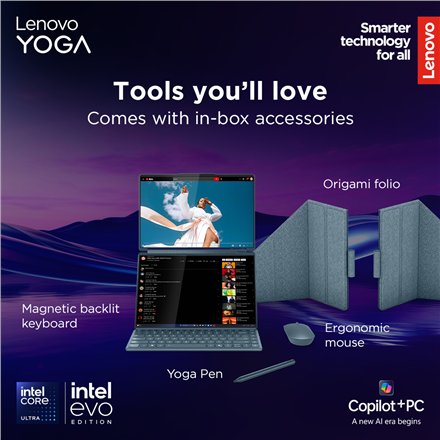 Lenovo Yoga Book 9 14IAH10 , Tidal Teal , 2x14 , OLED , Touchscreen , 2.8K WQXGA+ , 2880 x 1800 pixels , Glossy , Intel Core Ultra 7 , 255H , 32 GB , Soldered LPDDR5x , Solid-state drive capacity 1000 GB , Intel Arc Graphics , Windows 11 Pro , 802.11be , 