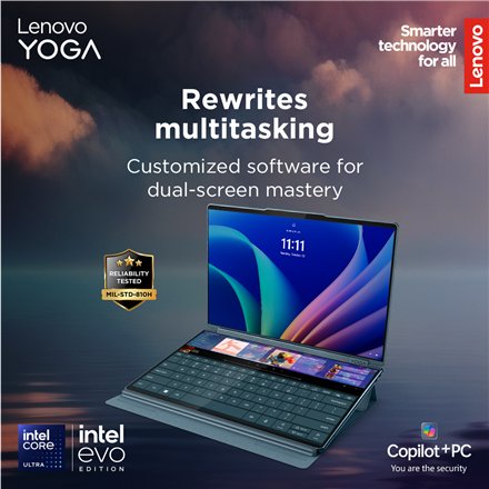 Lenovo Yoga Book 9 14IAH10 , Tidal Teal , 2x14 , OLED , Touchscreen , 2.8K WQXGA+ , 2880 x 1800 pixels , Glossy , Intel Core Ultra 7 , 255H , 32 GB , Soldered LPDDR5x , Solid-state drive capacity 1000 GB , Intel Arc Graphics , Windows 11 Pro , 802.11be , 