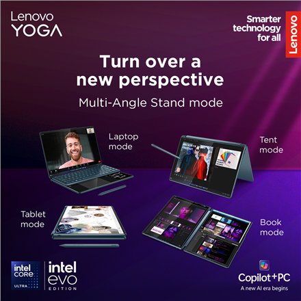 Lenovo Yoga Book 9 14IAH10 , Tidal Teal , 2x14 , OLED , Touchscreen , 2.8K WQXGA+ , 2880 x 1800 pixels , Glossy , Intel Core Ultra 7 , 255H , 32 GB , Soldered LPDDR5x , Solid-state drive capacity 1000 GB , Intel Arc Graphics , Windows 11 Pro , 802.11be , 