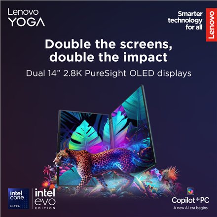 Lenovo Yoga Book 9 14IAH10 , Tidal Teal , 2x14 , OLED , Touchscreen , 2.8K WQXGA+ , 2880 x 1800 pixels , Glossy , Intel Core Ultra 7 , 255H , 32 GB , Soldered LPDDR5x , Solid-state drive capacity 1000 GB , Intel Arc Graphics , Windows 11 Pro , 802.11be , 