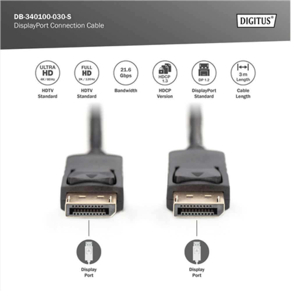 Digitus DisplayPort Connection Cable , DB-340100-030-S , 3 m