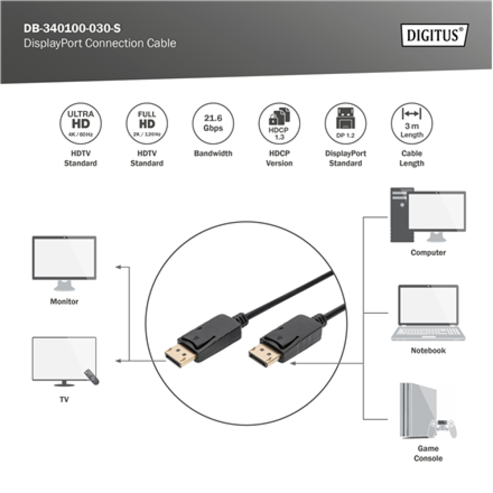 Digitus DisplayPort Connection Cable , DB-340100-030-S , 3 m