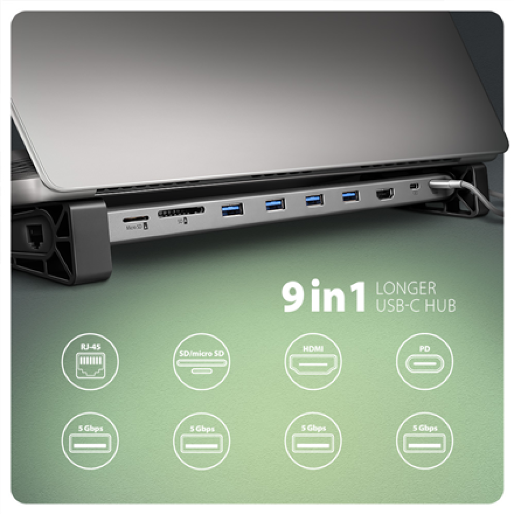 AXAGON USB-C 5Gbps LONGER 9in1 hub , HMC-10HLS