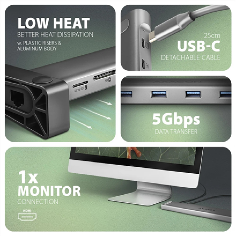 AXAGON USB-C 5Gbps LONGER 9in1 hub , HMC-10HLS