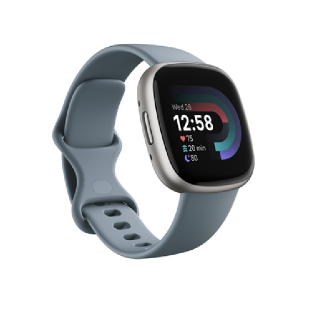Fitbit Versa 4 Smart watch NFC GPS (satellite) AMOLED Touchscreen Activity monitoring 24/7 Waterproof Bluetooth Wi-Fi Waterfall Blue/Platinum