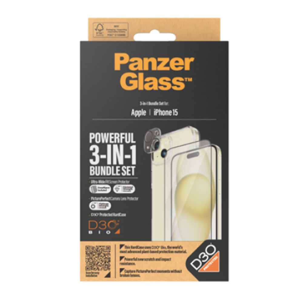 PanzerGlass Panzerglass 3-in-1 Pack iPhone iPhone 15 Clear Wireless charging compatible. Scratch and shock resistant PicturePerfect Camera Lens Protector, a wireless charging compatible HardCase and an Ultra-Wide Fit Screen Protector