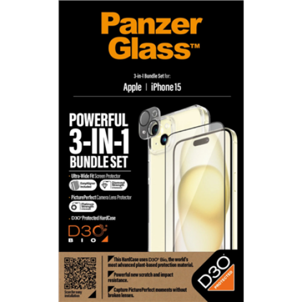 PanzerGlass Panzerglass 3-in-1 Pack iPhone iPhone 15 Clear Wireless charging compatible. Scratch and shock resistant PicturePerfect Camera Lens Protector, a wireless charging compatible HardCase and an Ultra-Wide Fit Screen Protector