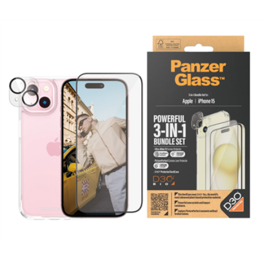 PanzerGlass Panzerglass 3-in-1 Pack iPhone iPhone 15 Clear Wireless charging compatible. Scratch and shock resistant PicturePerfect Camera Lens Protector, a wireless charging compatible HardCase and an Ultra-Wide Fit Screen Protector