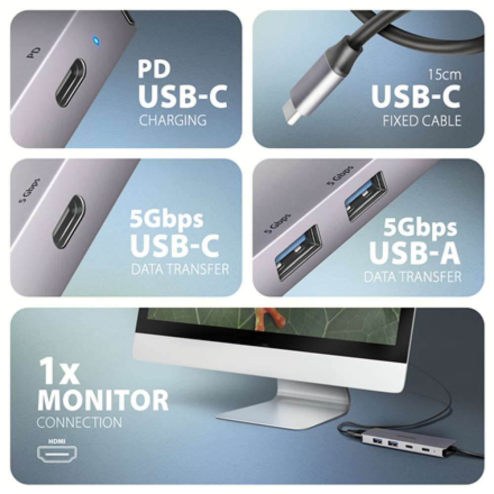 AXAGON USB-C 5Gbps 5in1 Hub , HMC-5H60