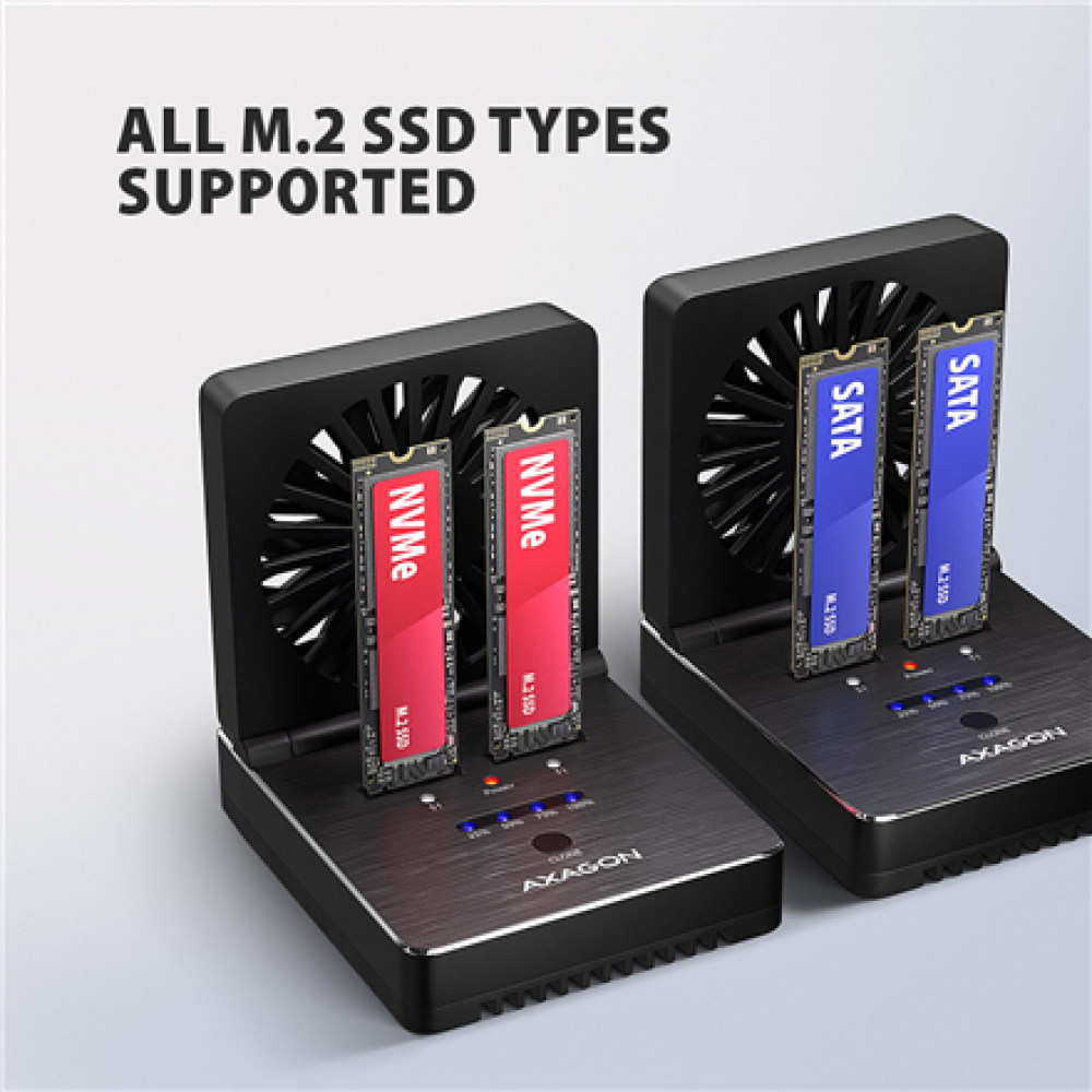 AXAGON USB-C 20Gbps docking station for 2x M.2 NVMe/SATA SSD with disk cloning function without PC , ADSA-M2C22