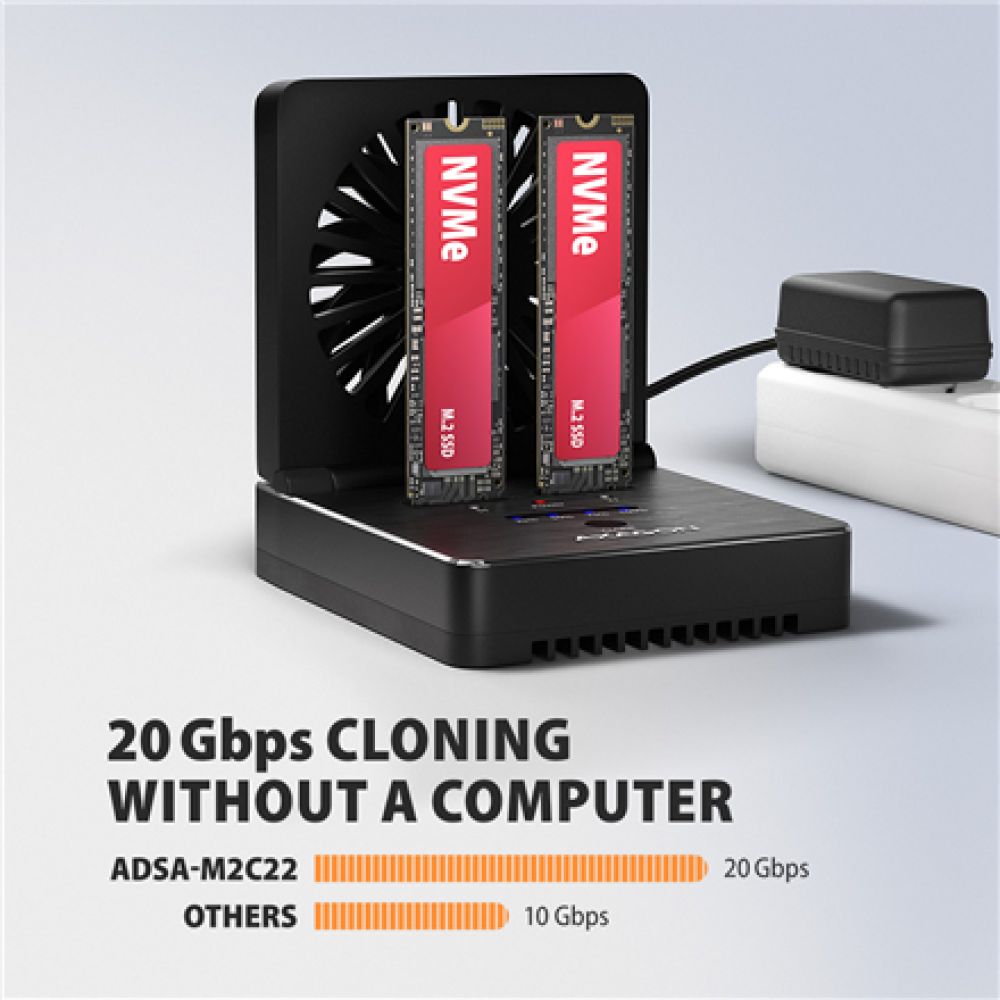 AXAGON USB-C 20Gbps docking station for 2x M.2 NVMe/SATA SSD with disk cloning function without PC , ADSA-M2C22