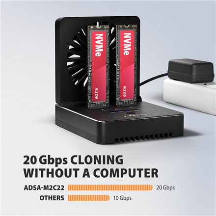 AXAGON , USB-C 20Gbps docking station for 2x M.2 NVMe/SATA SSD with disk cloning function without PC , ADSA-M2C22