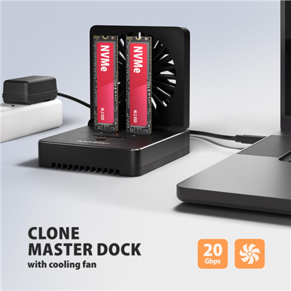 AXAGON USB-C 20Gbps docking station for 2x M.2 NVMe/SATA SSD with disk cloning function without PC , ADSA-M2C22