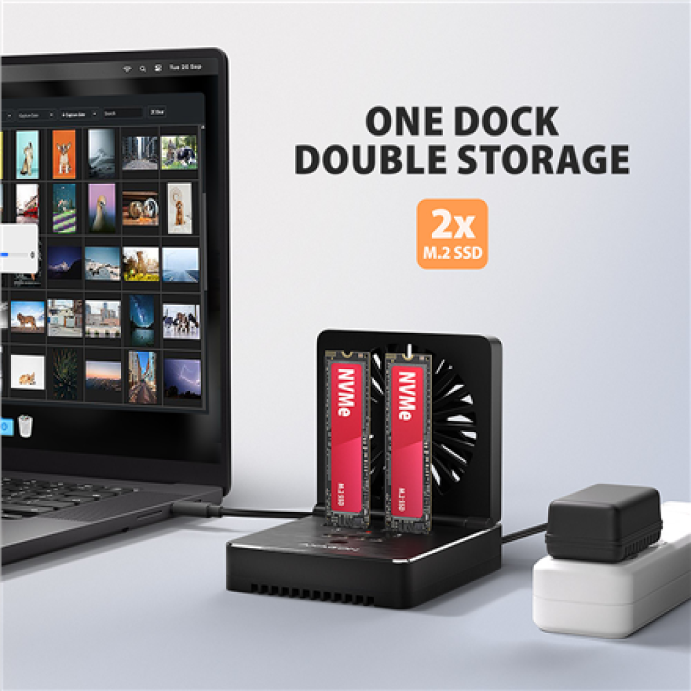 AXAGON USB-C 20Gbps docking station for 2x M.2 NVMe/SATA SSD with disk cloning function without PC , ADSA-M2C22