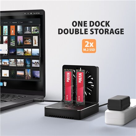 AXAGON , USB-C 20Gbps docking station for 2x M.2 NVMe/SATA SSD with disk cloning function without PC , ADSA-M2C22