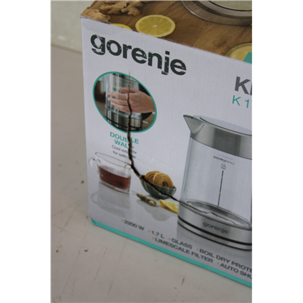 SALE OUT. Gorenje K17GDWII Kettle, Electric, Capacity 1.7 L, Power 2200 W, Stainless steel , SALE OUT. , Gorenje Kettle , K17GDWII , 2200 W , Electric , 1.7 L , 360° rotational base , Stainless steel/Glass , Stainless steel/Transparent , DAMAGED PACKAGING