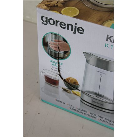 SALE OUT. Gorenje K17GDWII Kettle, Electric, Capacity 1.7 L, Power 2200 W, Stainless steel , SALE OUT. , Gorenje Kettle , K17GDWII , 2200 W , Electric , 1.7 L , 360° rotational base , Stainless steel/Glass , Stainless steel/Transparent , DAMAGED PACKAGING