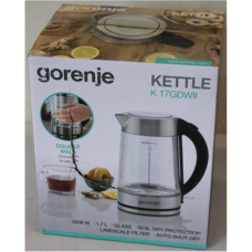 SALE OUT. Gorenje K17GDWII Kettle, Electric, Capacity 1.7 L, Power 2200 W, Stainless steel , SALE OUT. , Gorenje Kettle , K17GDWII , 2200 W , Electric , 1.7 L , 360° rotational base , Stainless steel/Glass , Stainless steel/Transparent , DAMAGED PACKAGING