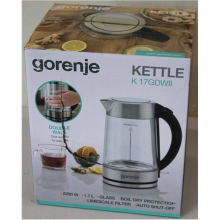 SALE OUT. Gorenje K17GDWII Kettle, Electric, Capacity 1.7 L, Power 2200 W, Stainless steel , SALE OUT. , Gorenje Kettle , K17GDWII , 2200 W , Electric , 1.7 L , 360° rotational base , Stainless steel/Glass , Stainless steel/Transparent , DAMAGED PACKAGING