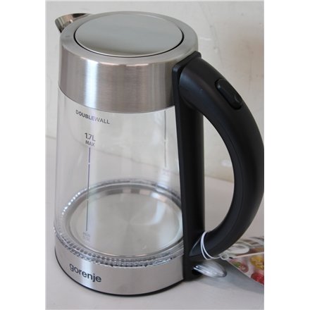 SALE OUT. Gorenje K17GDWII Kettle, Electric, Capacity 1.7 L, Power 2200 W, Stainless steel , SALE OUT. , Gorenje Kettle , K17GDWII , 2200 W , Electric , 1.7 L , 360° rotational base , Stainless steel/Glass , Stainless steel/Transparent , DAMAGED PACKAGING