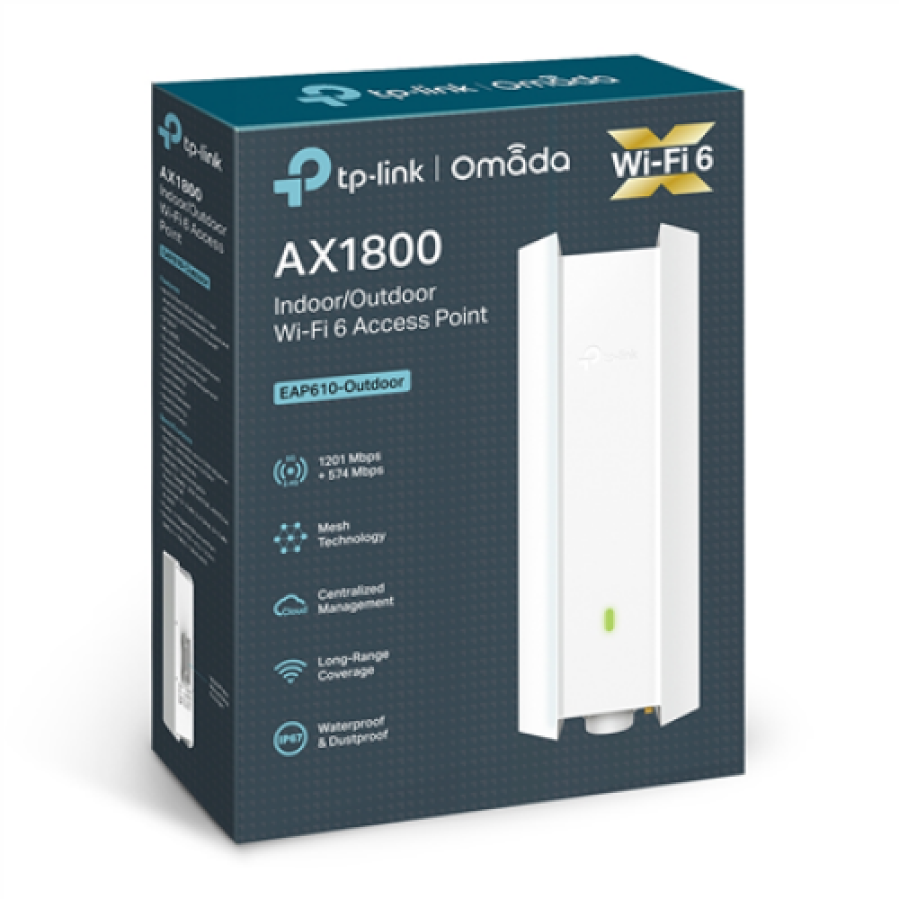 TP-LINK , AX1800 Indoor/Outdoor WiFi 6 Access Point , EAP610-Outdoor , 802.11ax , 2.4 GHz/5 GHz , 1201+574 Mbit/s , 10/100/1000 Mbit/s , Ethernet LAN (RJ-45) ports 1 , MU-MiMO Yes , PoE in , Antenna type Internal