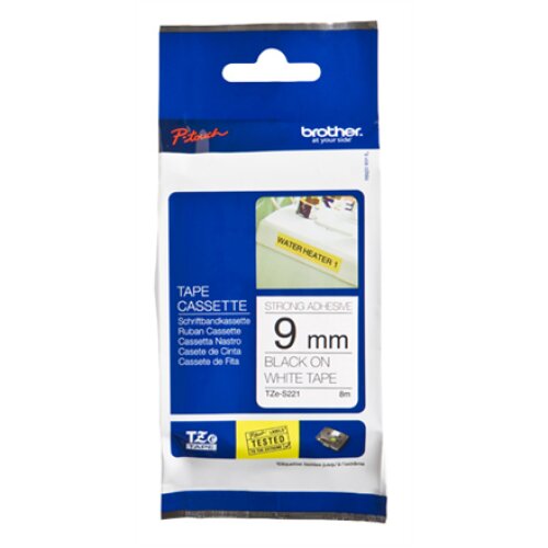 Brother , TZe-S221 Strong Adhesive Laminated Tape , Black on White , TZe , 8 m , 9 cm