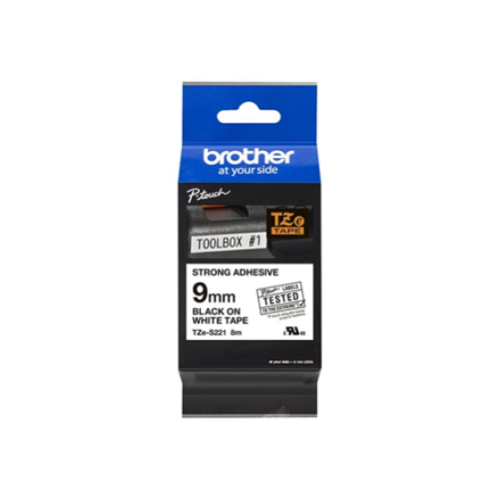 Brother , TZe-S221 Strong Adhesive Laminated Tape , Black on White , TZe , 8 m , 9 cm