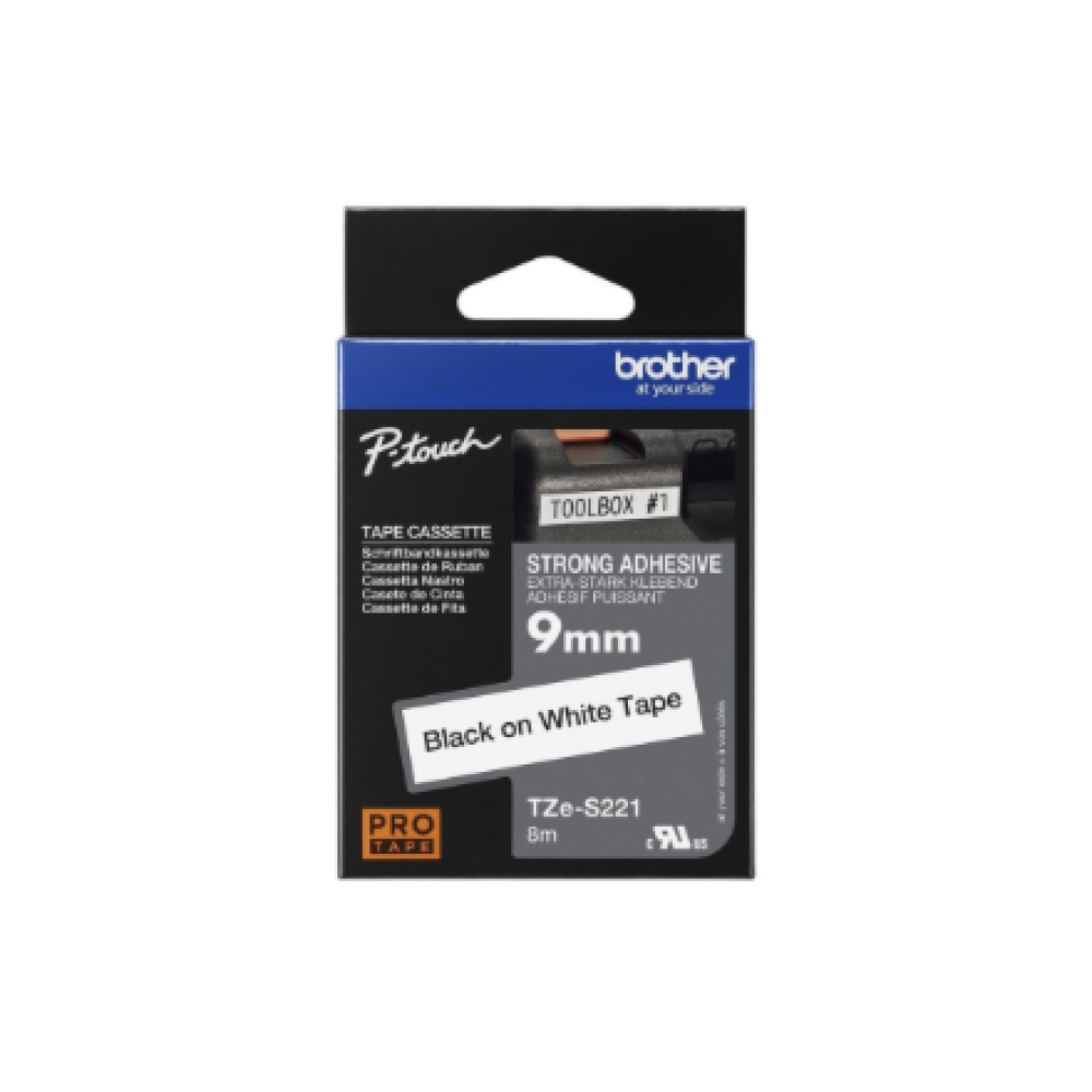 Brother , TZe-S221 Strong Adhesive Laminated Tape , Black on White , TZe , 8 m , 9 cm
