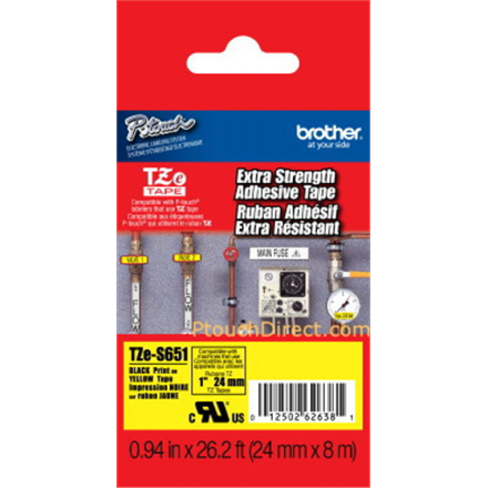 Brother , TZe-S651 Strong Adhesive Laminated Tape , Black on Yellow , TZe , 8 m , 2.4 cm