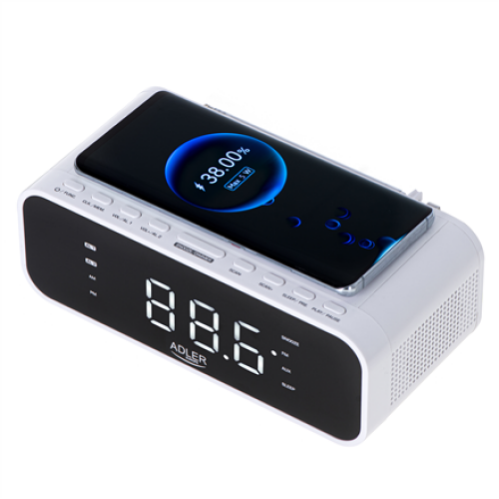 Adler , AD 1192W , Alarm Clock with Wireless Charger , W , AUX in , White , Alarm function