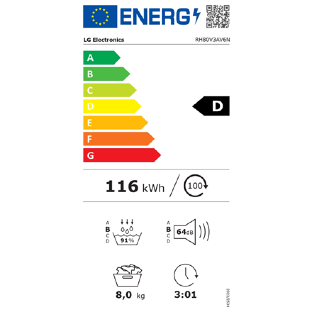 LG , Dryer Machine , RH80V3AV6N , Energy efficiency class D , Front loading , 8 kg , LED , Depth 69 cm , Wi-Fi , White