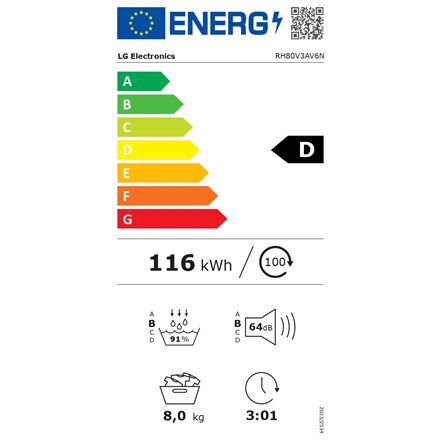 LG , Dryer Machine , RH80V3AV6N , Energy efficiency class D , Front loading , 8 kg , LED , Depth 69 cm , Wi-Fi , White