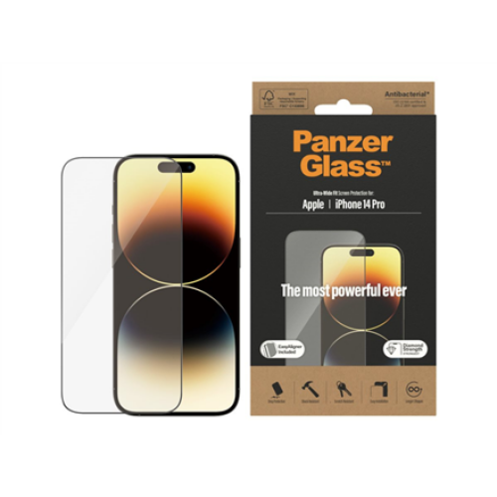 PanzerGlass , Screen protector , Apple , iPhone 14 Pro , Glass , Clear , Ultra-Wide Fit; Easy installation; Fingerprint resistant