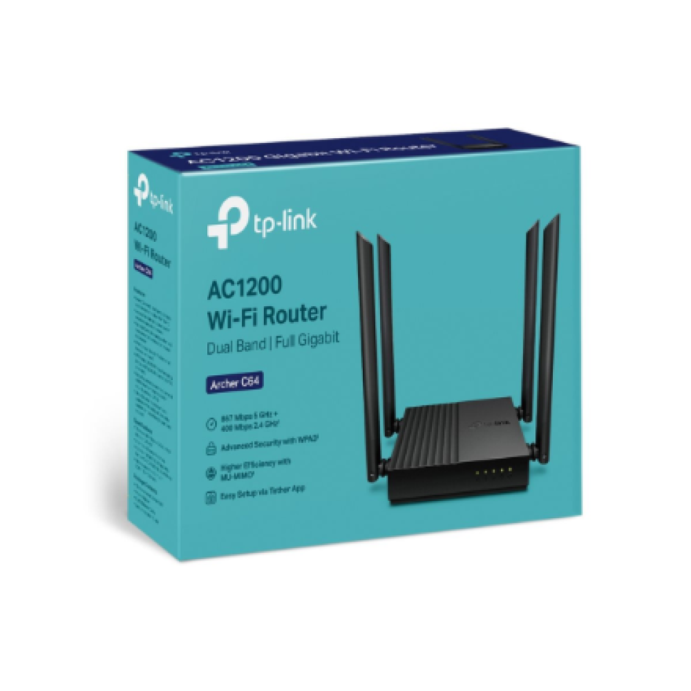 TP-LINK , AC1200 Wireless MU-MIMO Wi-Fi Router , Archer C64 2.0 , 802.11ac , 867+300 Mbit/s , 10/100/1000 Mbit/s , Ethernet LAN (RJ-45) ports 4 , Mesh Support Yes , MU-MiMO Yes , No mobile broadband , Antenna type 4 x Fixed Omnidirectional