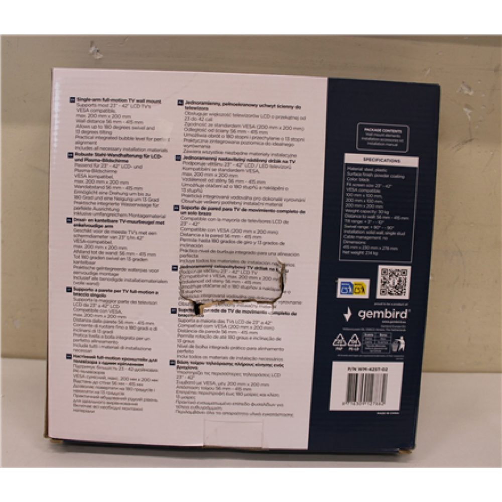 SALE OUT. Gembird WM-42ST-02 TV wall mount (full-motion), 23”-42” , Gembird , Wall mount , WM-42ST-02 , Tilt, Swivel , 23-42 , DAMAGED PACKAGING , Black