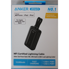 SALE OUT. , Anker Power Bank , A1680G11 , 10000 mAh , USB-C 30W, Lightning 27W , Built-In USB-C and Lightning Cables , Black , DEMO