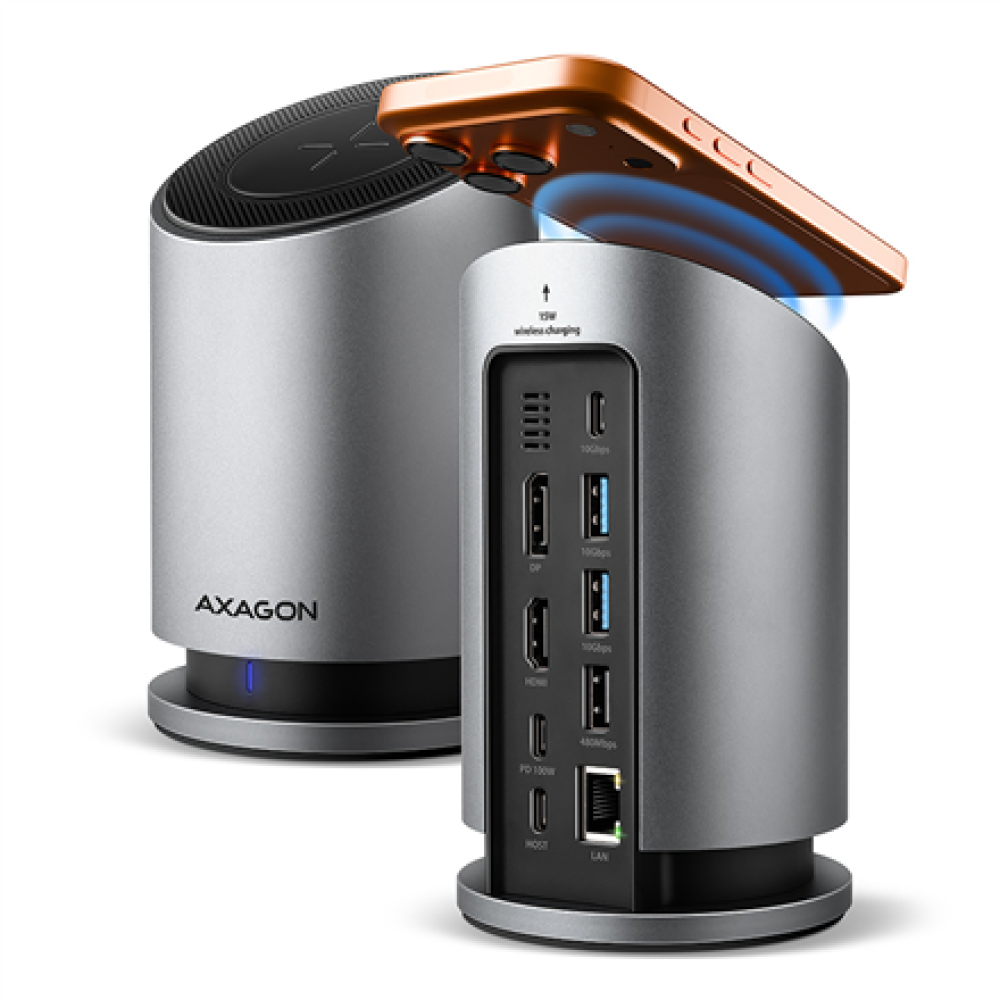 AXAGON USB-C 10Gbps Wireless Charging 9in1 hub , HMC-WL9