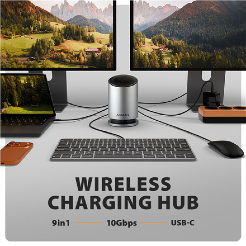 AXAGON USB-C 10Gbps Wireless Charging 9in1 hub , HMC-WL9