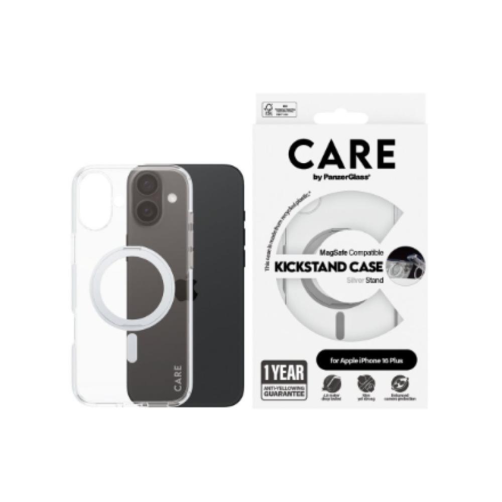 CARE by PanzerGlass Case Feature , Back protection , Apple , iPhone 16 Plus , Recycled plastic , Silver , Kickstand & MagSafe
