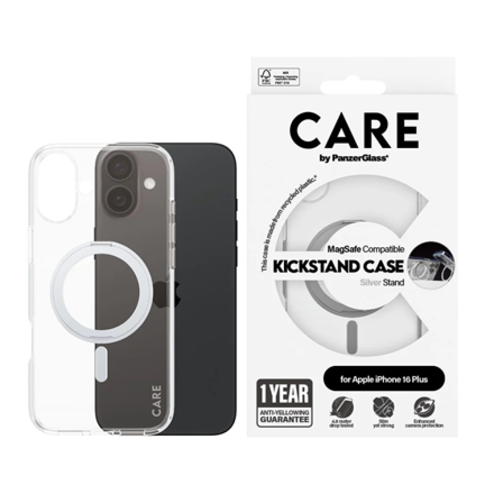 CARE by PanzerGlass Case Feature , Back protection , Apple , iPhone 16 Plus , Recycled plastic , Silver , Kickstand & MagSafe