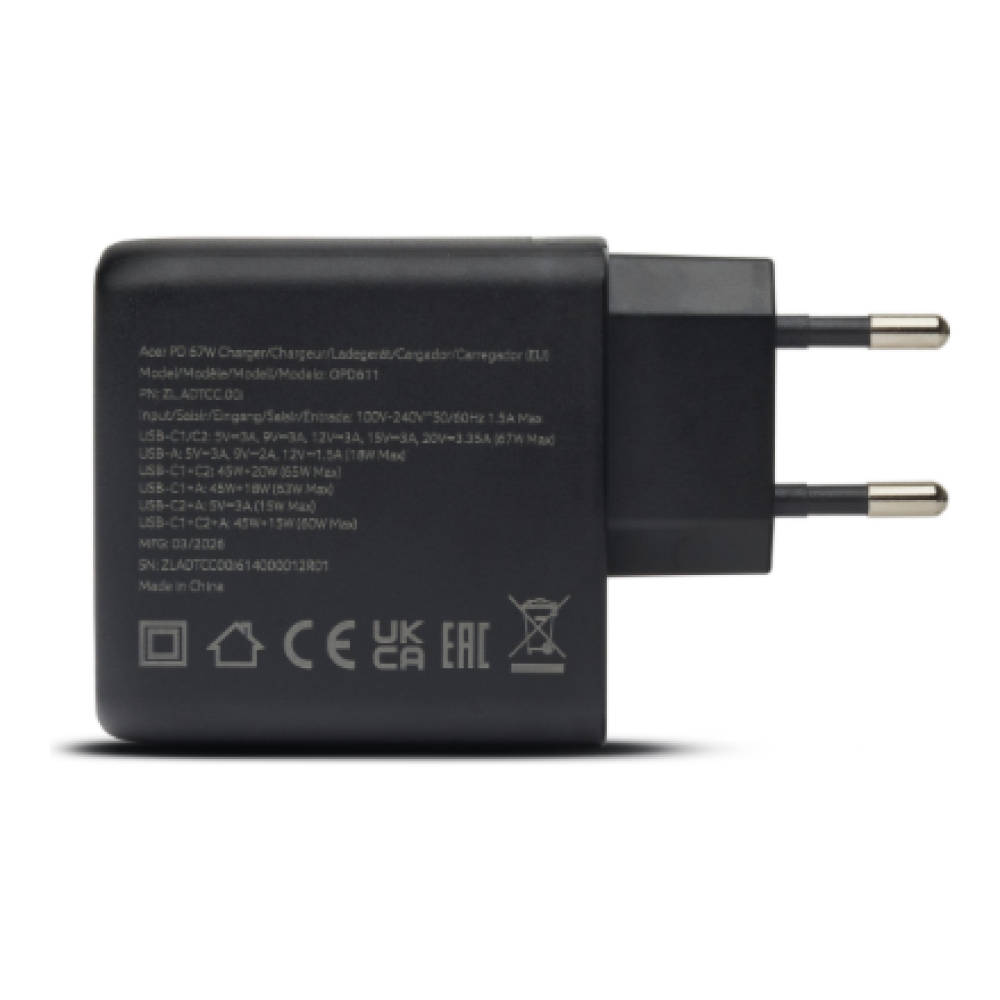 Acer 67W PD GaN Charger, 2 x USB C and 1 x USB A, EU Plug, 100W USB C cable, Retail Pack