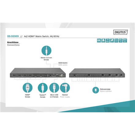 Digitus , 4x2 HDMI Matrix Switch, 4K/60Hz , DS-55509
